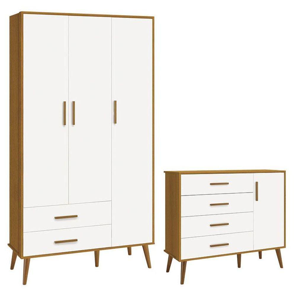 Cômoda Com Porta E Guarda Roupa Infantil 3 Portas Isis Branco Acetinado Savana - Reller - 1