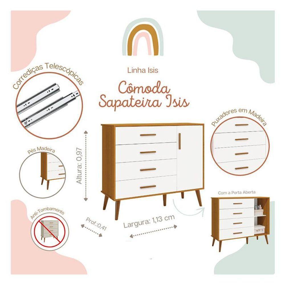 Cômoda Com Porta E Guarda Roupa Infantil 3 Portas Isis Branco Acetinado Savana - Reller - 2