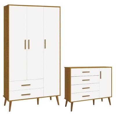Cômoda Com Porta E Guarda Roupa Infantil 3 Portas Isis Branco Acetinado Savana - Reller