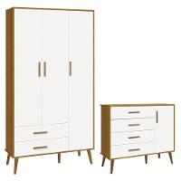 Cômoda Com Porta E Guarda Roupa Infantil 3 Portas Isis Branco Acetinado Savana - Reller - 1
