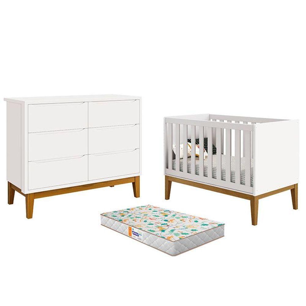 Berço Americano E Cômoda 6 Gavetas New Classic Branco Com Pés Madeira E Colchão Gazin - Reller - 1
