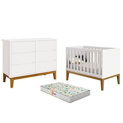 Berço Americano E Cômoda 6 Gavetas New Classic Branco Com Pés Madeira E Colchão Gazin - Reller