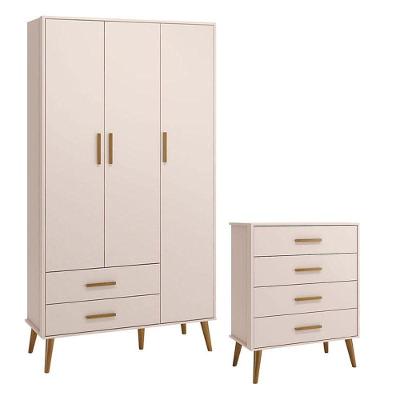 Cômoda Gaveteiro E Guarda Roupa Infantil 3 Portas Isis Rosa Acetinado - Reller