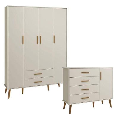 Cômoda com Guarda Roupa Infantil Isis 4 Portas 4 Gavetas MDF Areia Acetinado