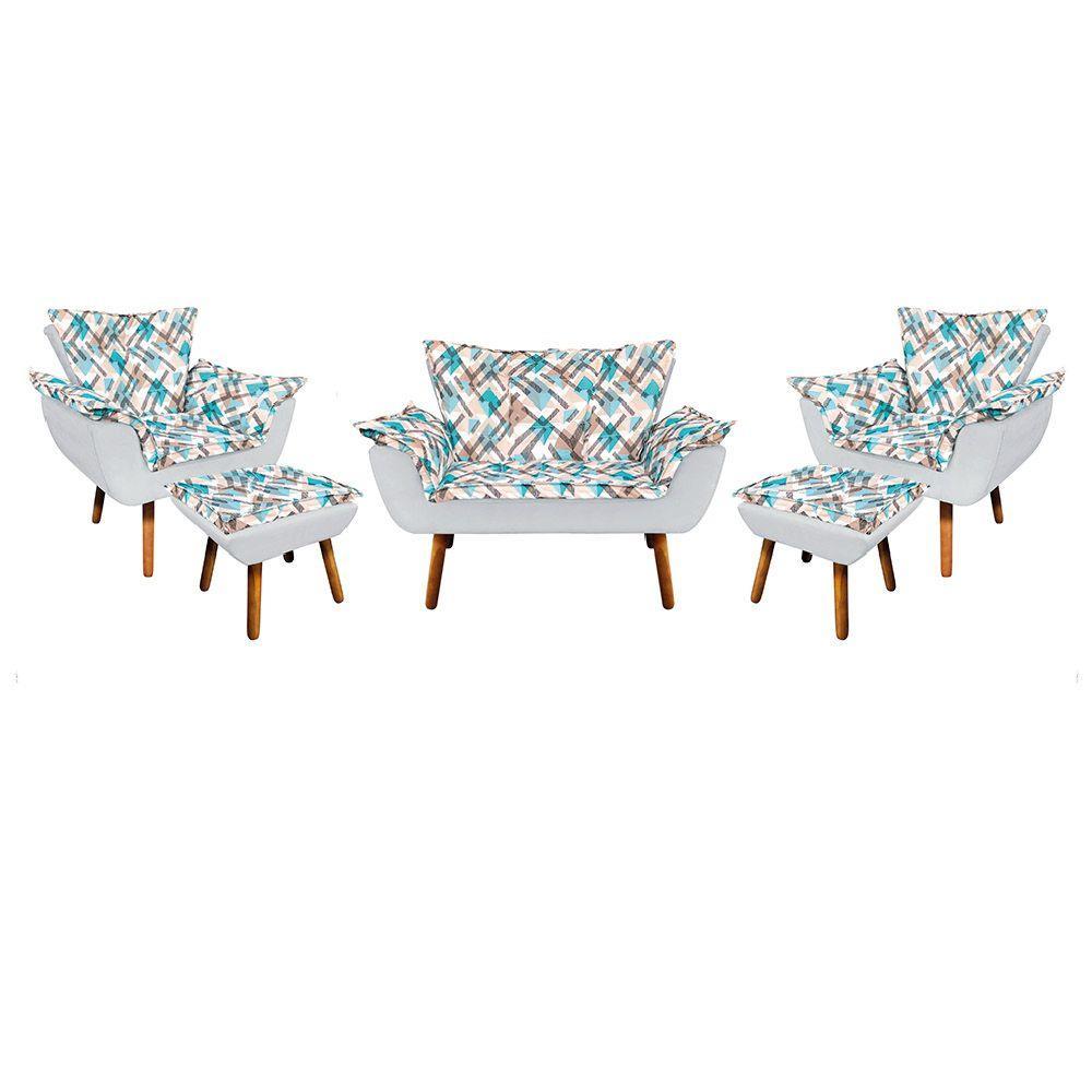 Kit 01 Namoradeira 02 Poltronas 02 Puffs Estampado Pés Palito - 1