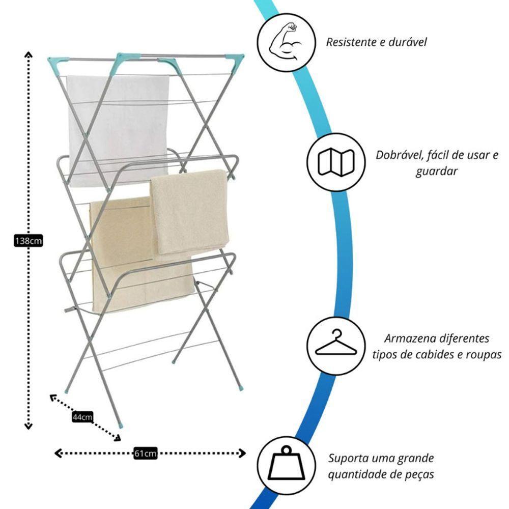 Varal Chão Vertical Dobrável Sanfonado 3 Andares Extensível - 3