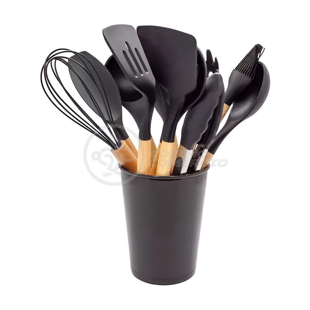 Kit 12 Peças Utensílios De Cozinha De Silicone E Cabo De Madeira Resistente Fácil De Limpar - Preto - 2