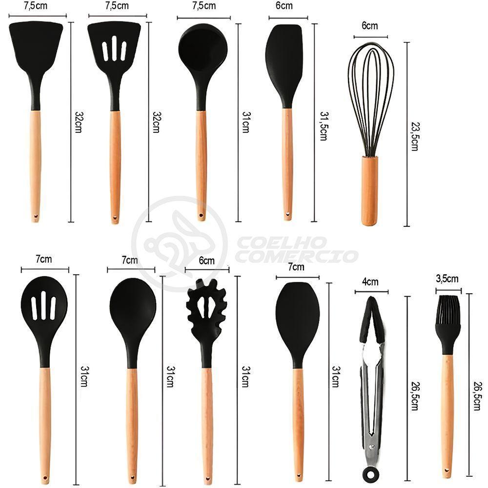 Kit 12 Peças Utensílios De Cozinha De Silicone E Cabo De Madeira Resistente Fácil De Limpar - Preto - 6