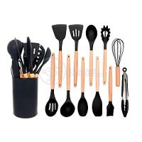 Kit 12 Peças Utensílios De Cozinha De Silicone E Cabo De Madeira Resistente Fácil De Limpar - Preto - 1
