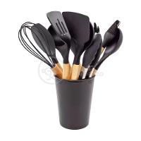 Kit 12 Peças Utensílios De Cozinha De Silicone E Cabo De Madeira Resistente Fácil De Limpar - Preto - 2