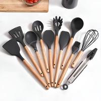 Kit 12 Peças Utensílios De Cozinha De Silicone E Cabo De Madeira Resistente Fácil De Limpar - Preto - 3