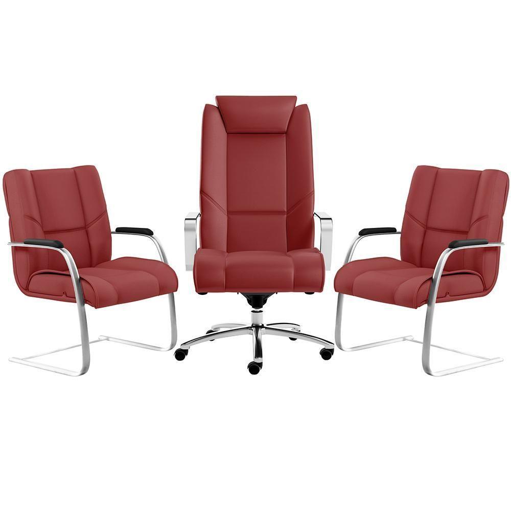 Kit Cadeira Presidente Com 2 Cadeiras Fixas Vermelho - 2