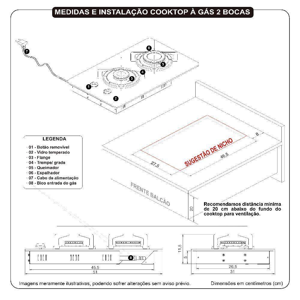 Cooktop À Gás 2 Bocas Ndl Vidro Flange Inox Preto Bivolt - 4