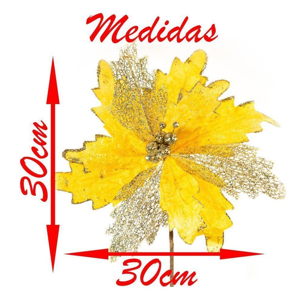 Kit 4 Flores Decoração Natal Artificial Brilho Amarela 30cm - 3
