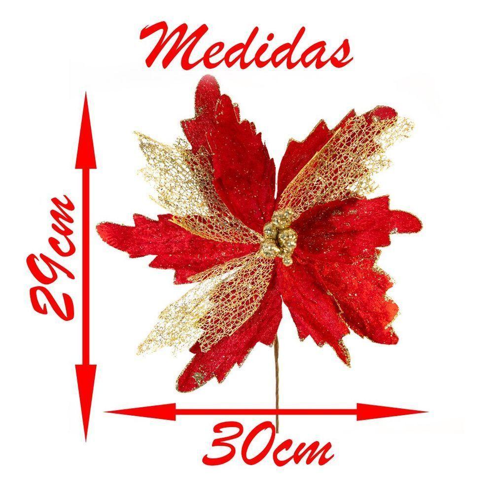 Kit 6 Flores Decoração Natal Artificial Brilho Vermelha 29cm - 3