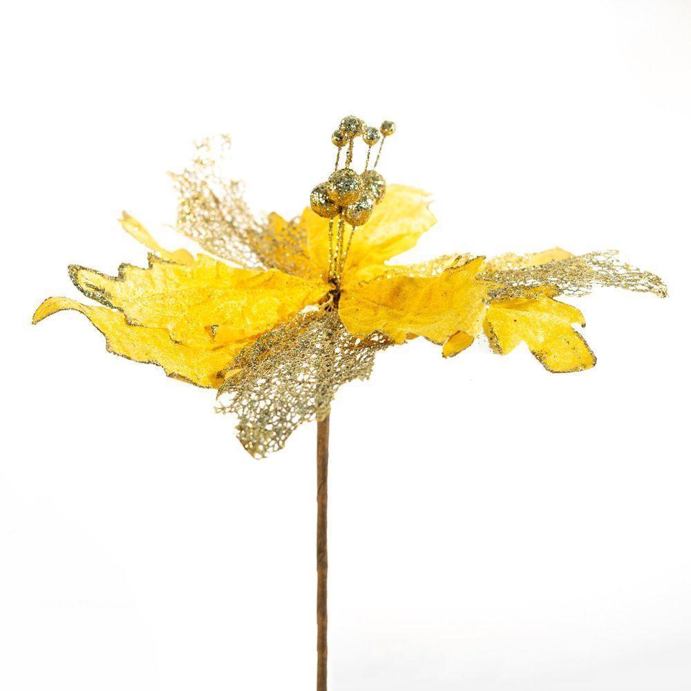 Kit 2 Flores Decoração Natal Artificial Brilho Amarela 30cm - 3