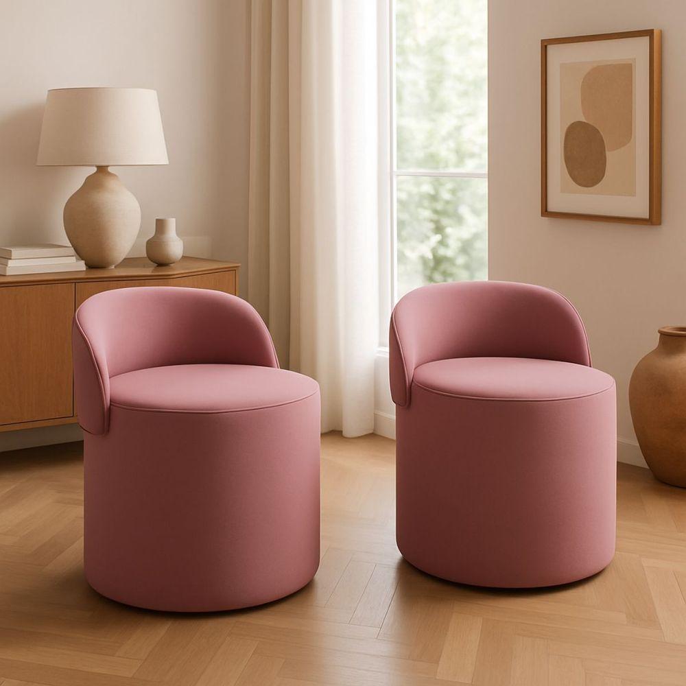 Kit 2 Puff Encosto Suede Redondo Sala Banco Orgânico Quarto Rose - 1