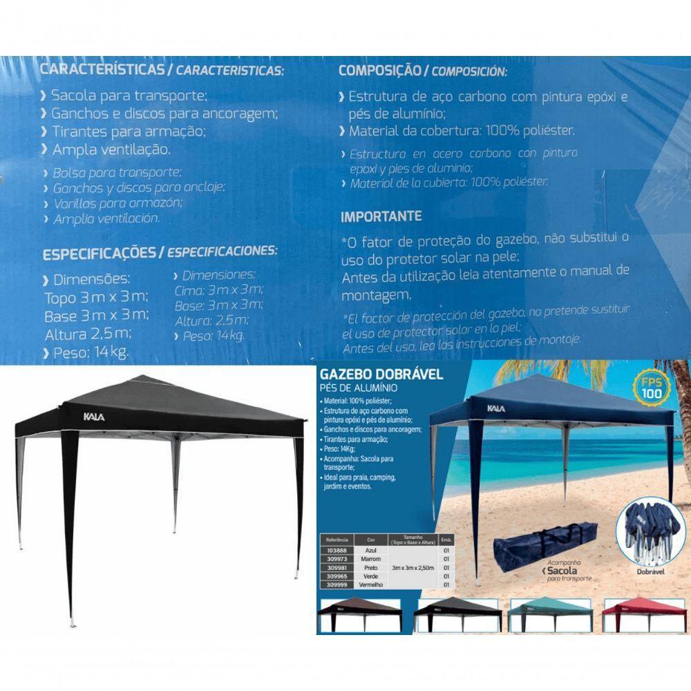Tenda Gazebo Dobrável 3x3 Sanf Praia Jardim Campo Preto Kala - 2