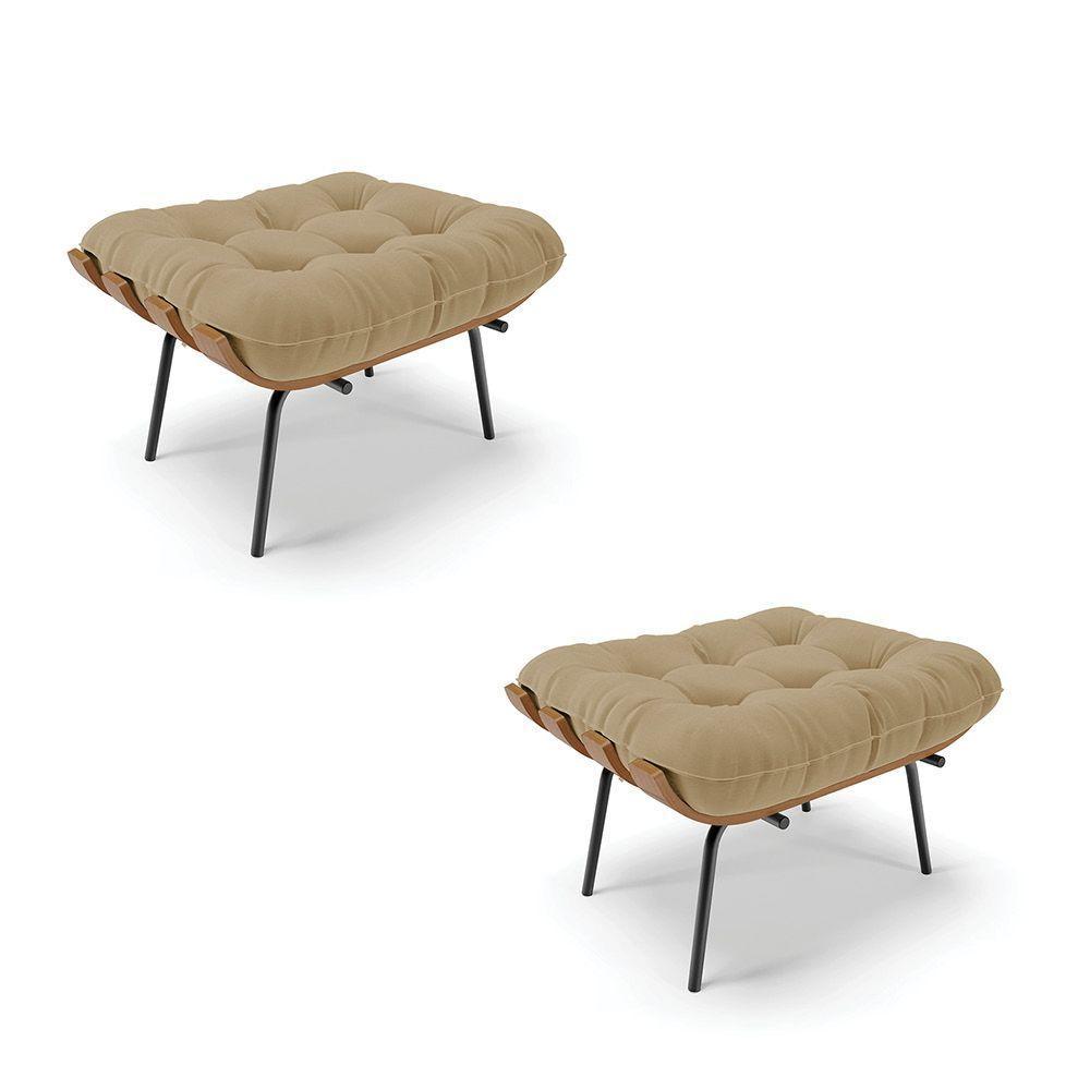 Kit 02 Puffs Costela Linho Palha A32 Base Metálica Preto - 1