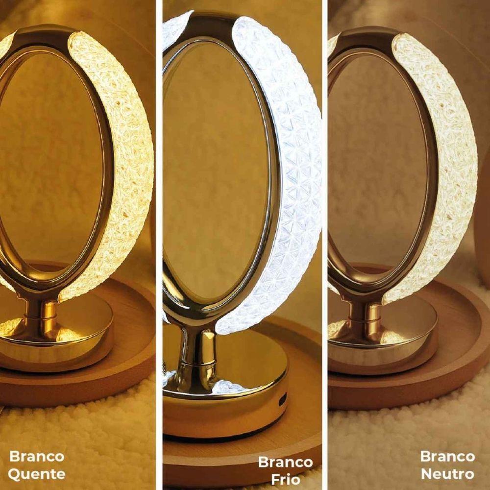 Luminária Abajur De Mesa Cristal Oval Luxo 3 Tons Luzes Bateria Recarregável Usb - 3