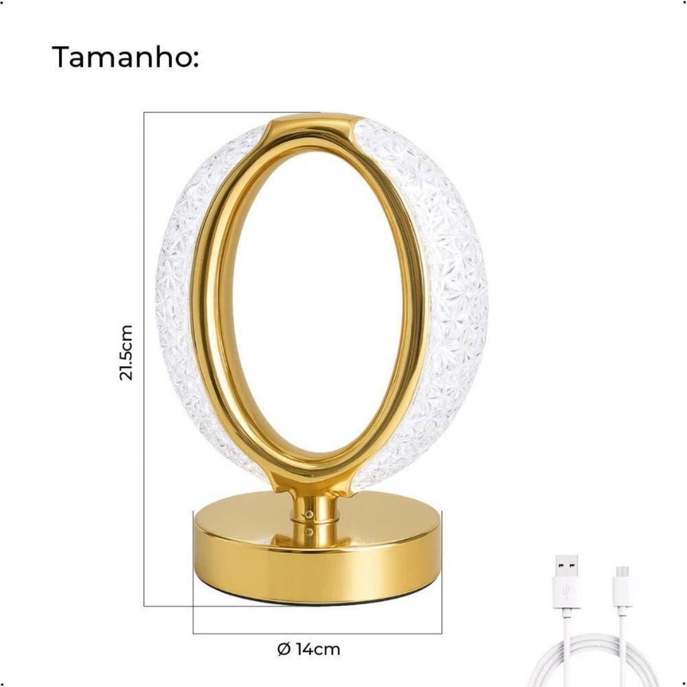 Luminária Abajur De Mesa Cristal Oval Luxo 3 Tons Luzes Bateria Recarregável Usb - 5