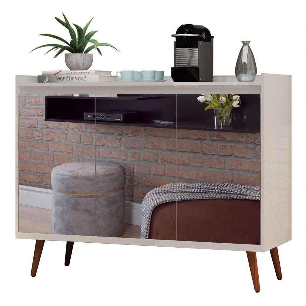Buffet Aparador Retrô Com Espelho Delux 3 Portas Branco Gloss - Moveisaqui - 1