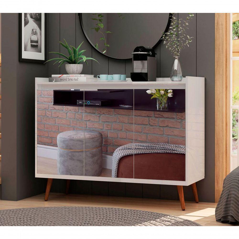 Buffet Aparador Retrô Com Espelho Delux 3 Portas Branco Gloss - Moveisaqui - 2