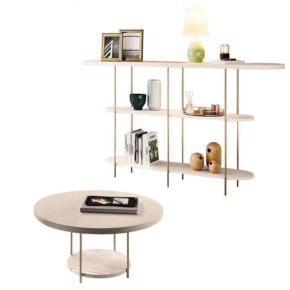 Conjunto Decorativo Aparador E Mesa De Centro Walker Pés De Aço Tampo Mdf Off White G26 - Gran Belo - 2