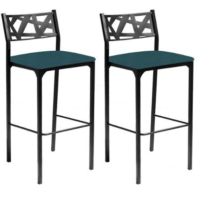 Kit 02 Banquetas Alta Com Encosto Luiza Gourmet Para Balcão Cozinha Suede Azul Turquesa - Aurora Line