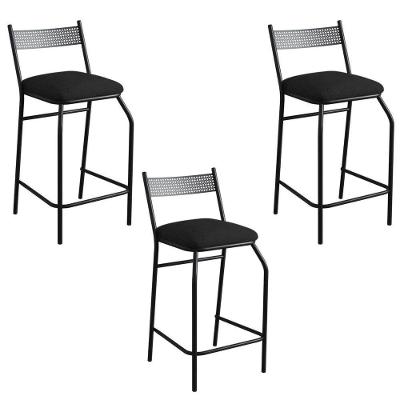 Kit 03 Banquetas Alta Com Encosto Ibiza Industrial Para Balcão Cozinha Corino Preto - Aurora Line