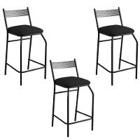 Kit 03 Banquetas Alta Com Encosto Ibiza Industrial Para Balcão Cozinha Corino Preto - Aurora Line - 1