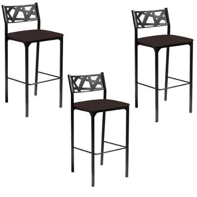 Kit 03 Banquetas Alta Com Encosto Luiza Gourmet Para Balcão Cozinha Suede Marrom - Aurora Line