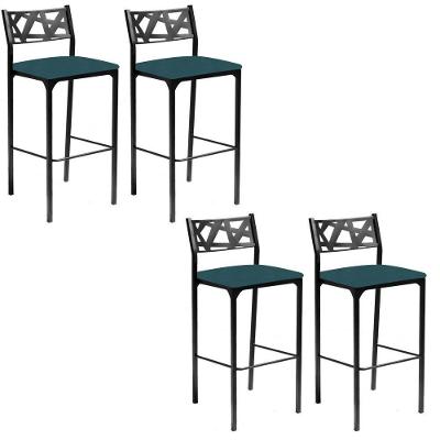 Kit 04 Banquetas Alta Com Encosto Luiza Gourmet Para Balcão Cozinha Suede Azul Turquesa - Aurora Line