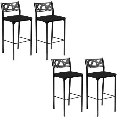 Kit 04 Banquetas Alta Com Encosto Luiza Gourmet Para Balcão Cozinha Suede Preto - Aurora Line