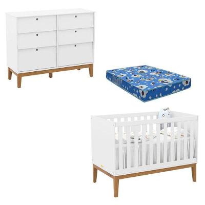 Conjunto Berço Americano Unique MDF com Cômoda 6 Gavetas e Colchão Espuma Branco Soft