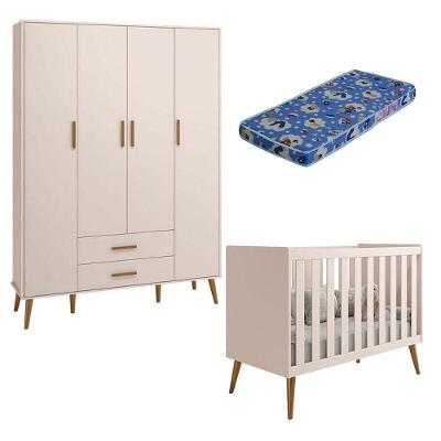 Berço Americano E Guarda Roupa Infantil 4 Portas Isis Rosa Acetinado Com Colchão Ortobom - Reller