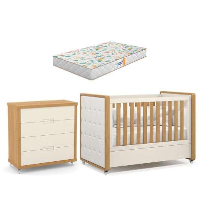 Berço Americano Com Capitonê New Boucle E Cômoda Gaveteiro Infantil Tutto New Freijó Off White E Colchão Gazin - Matic