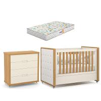 Berço Americano Com Capitonê New Boucle E Cômoda Gaveteiro Infantil Tutto New Freijó Off White E Colchão Gazin - Matic - 1