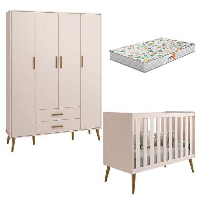 Berço Americano E Guarda Roupa Infantil 4 Portas Isis Rosa Acetinado Com Colchão Gazin - Reller