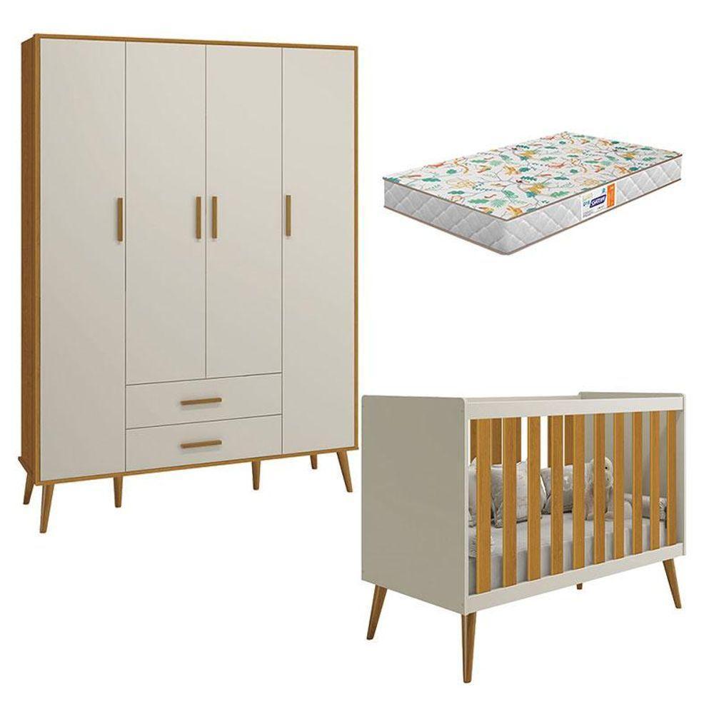 Berço Americano E Guarda Roupa Infantil 4 Portas Isis Areia Acetinado Savana Com Colchão Gazin - 1