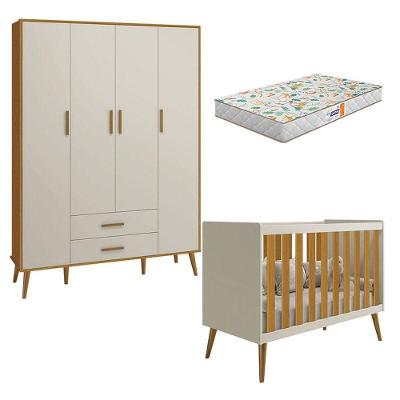 Berço Americano E Guarda Roupa Infantil 4 Portas Isis Areia Acetinado Savana Com Colchão Gazin
