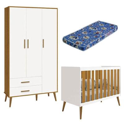 Berço Americano E Guarda Roupa Infantil 3 Portas Isis Branco Acetinado Savana Com Colchão Ortobom