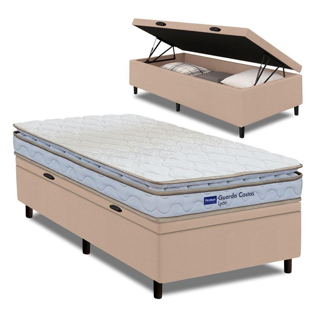 Cama Box Baú Solteiro Probel Espuma D33 Pillow Top 88x188x59cm Guarda Costas Lyon Branco/bege Branco / Bege - 1