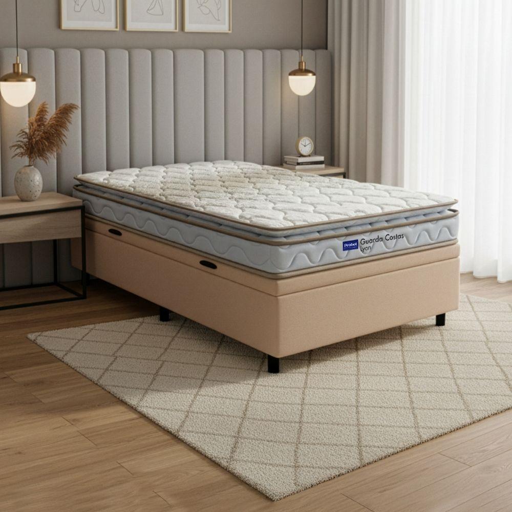 Cama Box Baú Solteiro Probel Espuma D33 Pillow Top 88x188x59cm Guarda Costas Lyon Branco/bege Branco / Bege - 2