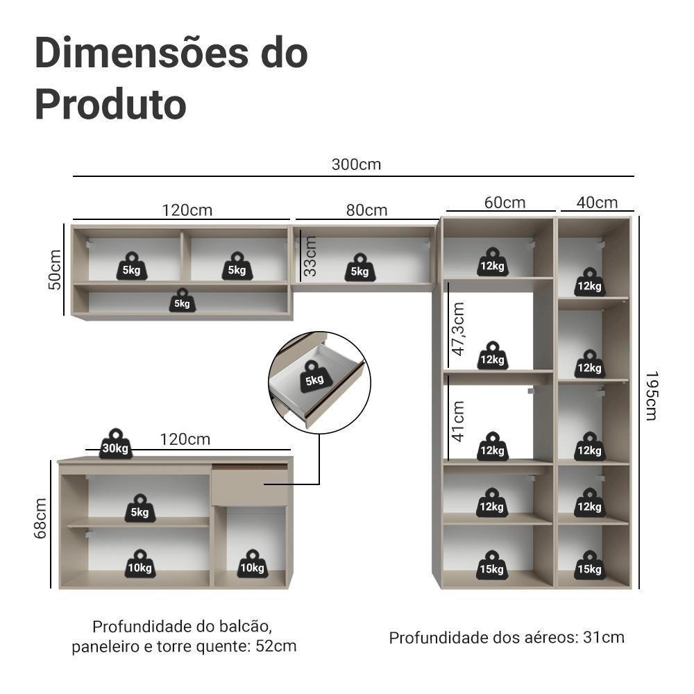 Armário De Cozinha Completa 300 Cm Suspenso Nice Madesa 06 Crema - 3
