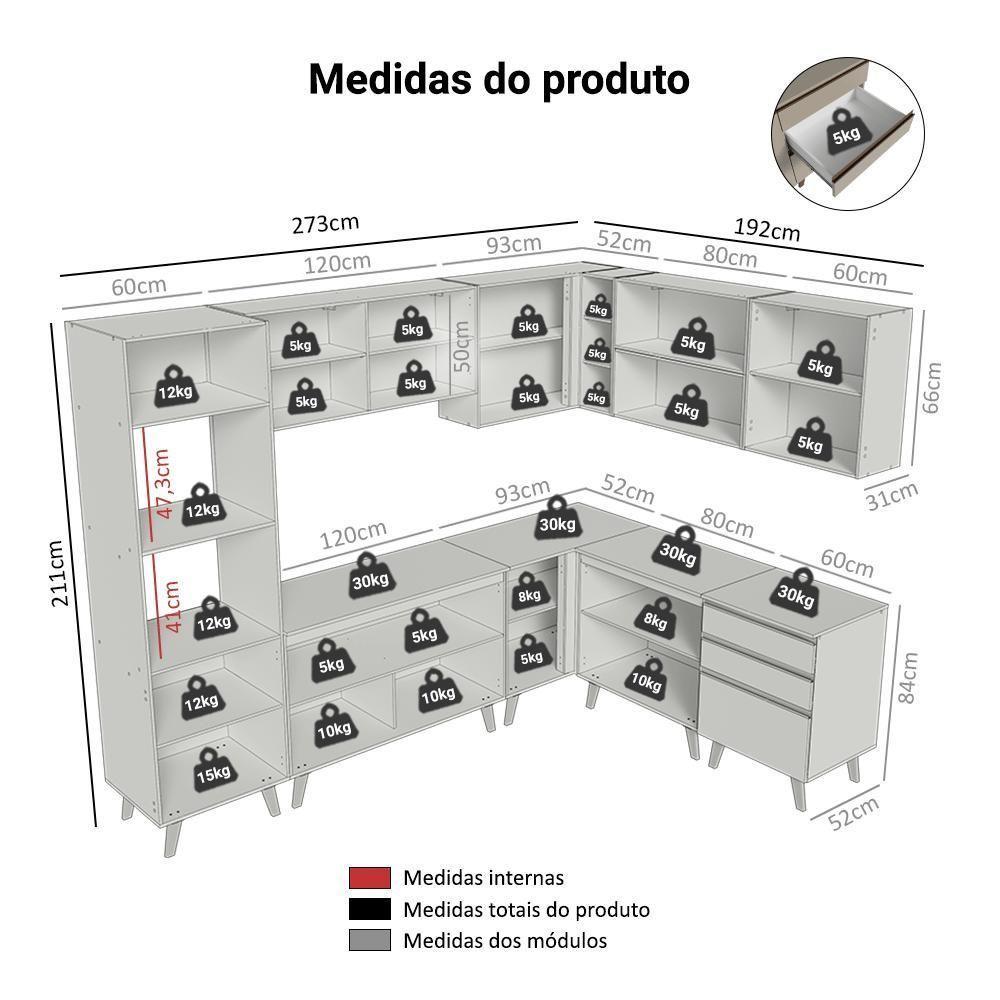 Armário De Cozinha Completa De Canto 465 Cm Nice Madesa 01 Crema - 3