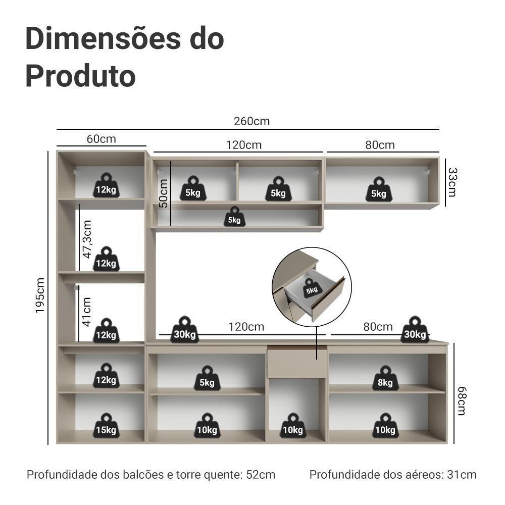 Armário De Cozinha Completa 260 Cm Suspenso Nice Madesaa 15 Crema - 3