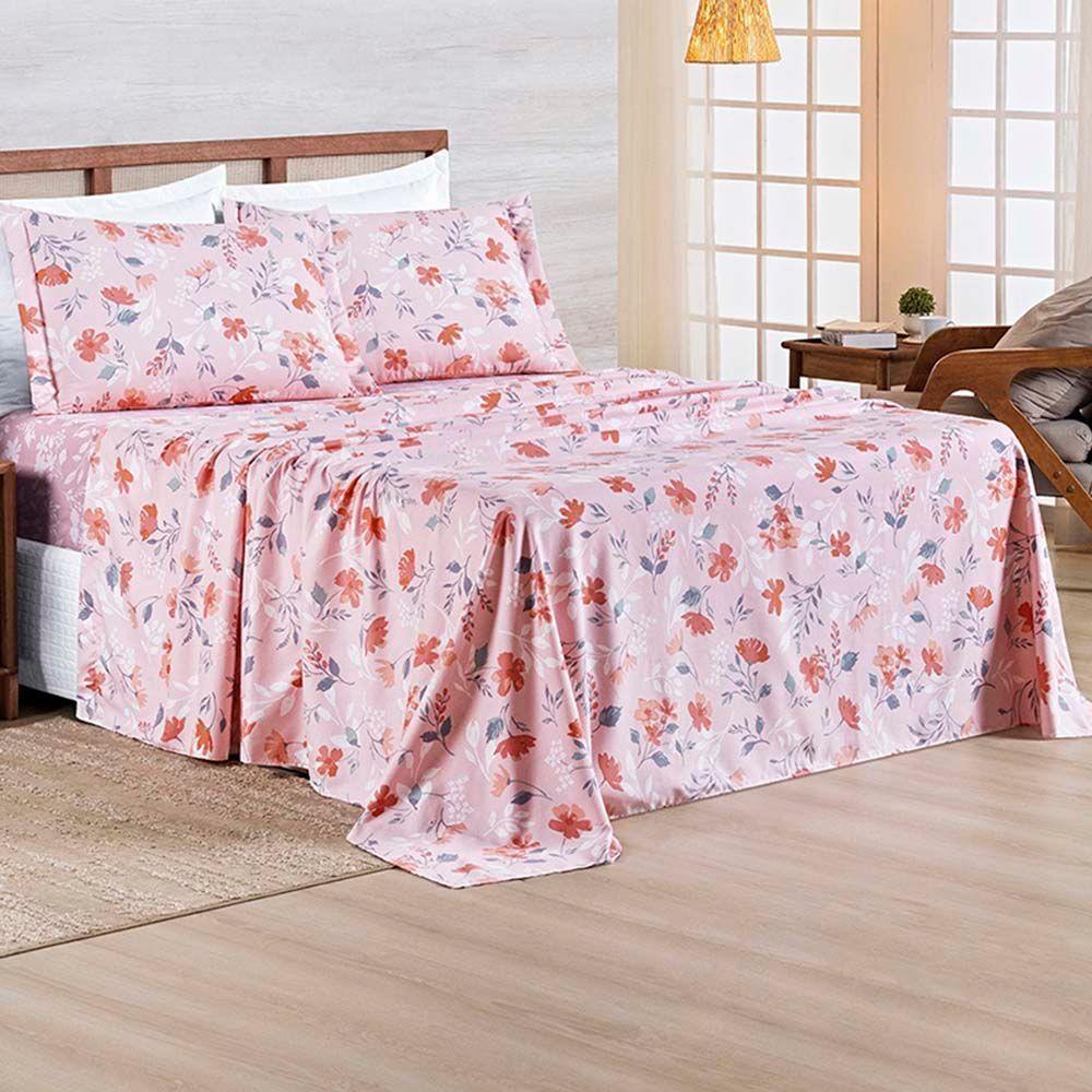 Jogo De Lençol Benim Queen 4 Peças Micropercal 400 Fios Estampado - Flora Rosa - 100% Poliéster - 2