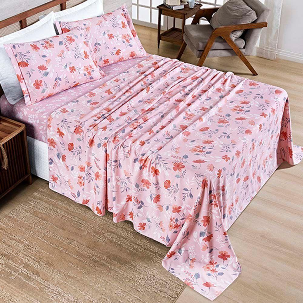 Jogo De Lençol Benim King 4 Peças Micropercal 400 Fios Estampado - Flora Rosa - 100% Poliéster - 1