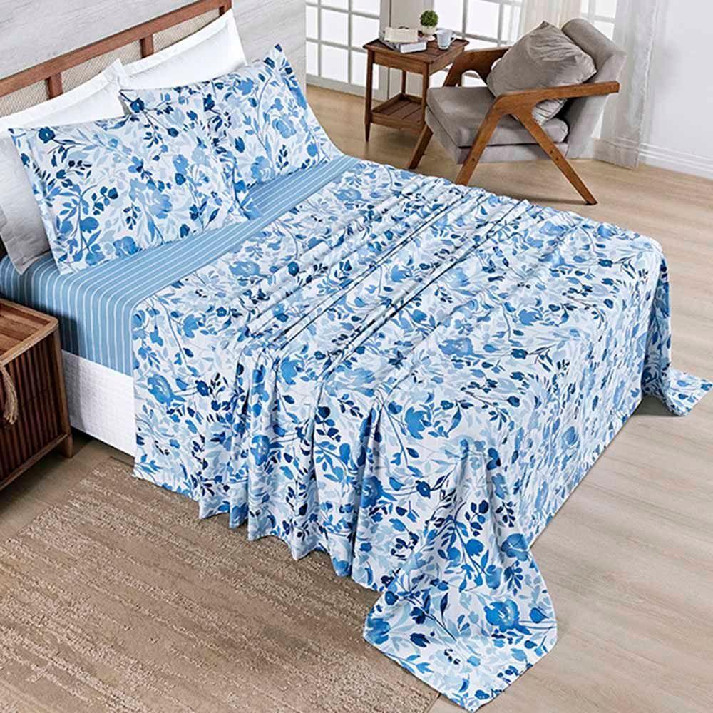 Jogo De Lençol Benim Casal 4 Peças Micropercal 400 Fios Estampado - Loli Azul Floral - 100% Poliéster - 1